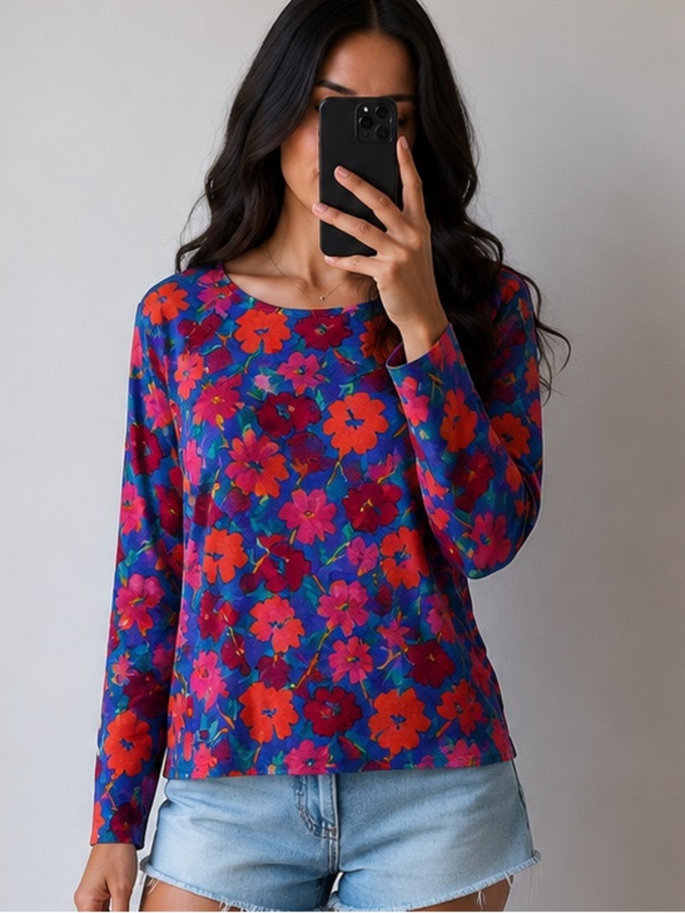 L.L.Bean Vintage Floral Long Sleeve Top Women’s Small Blue Pink Cotton USA Made